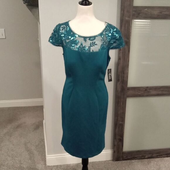 Alex Evenings Midi Sheath Dress w Lace Illusion Cap Sleeves  Size 14 NWT. - Picture 1 of 2